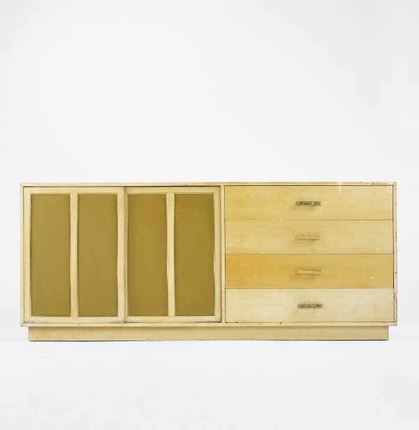 Harvey Probber credenza: Harvey Probber credenza Harvey Probber, Inc. USA, c. 1955 bleached mahogany, brass, leather over masonite 77 w x 19 d x 32.5 h inches This credenza features four drawers and two sliding doors conceali