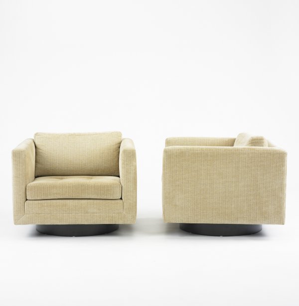 Harvey Probber swivel lounge chairs, pair: Harvey Probber swivel lounge chairs, pair Harvey Probber, Inc. USA, c. 1965 upholstery, mahogany 30 w x 30 d x 25 h inches