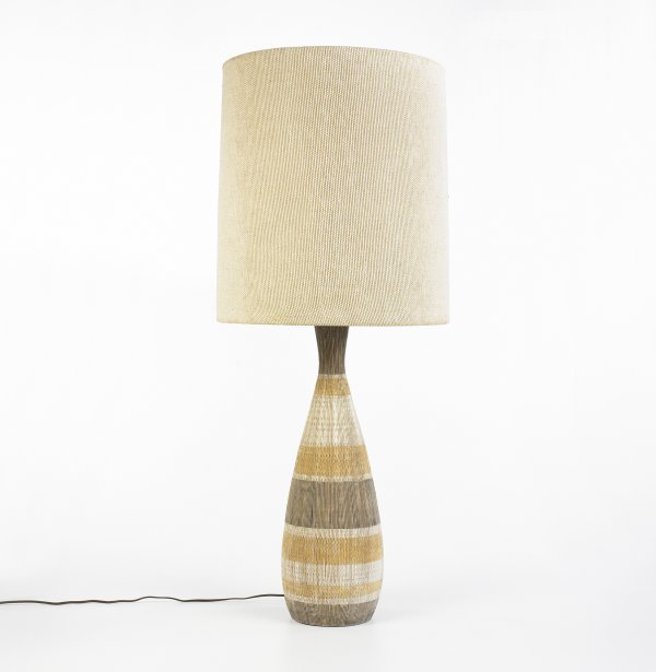 Raymor table lamp: Raymor table lamp USA, c. 1965 glazed earthenware, linen 17 dia x 43 h inches