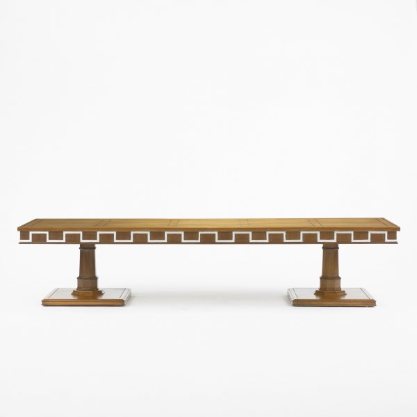 In the manner of Robsjohn-Gibbings coffee table: In the manner of T.H. Robsjohn-Gibbings coffee table c. 1960 walnut, lacquered wood 72 w x 21 d x 16 h inches