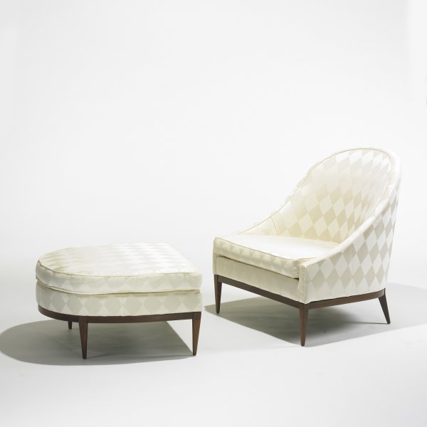 In the manner of Robsjohn-Gibbings chair & ottoman: In the manner of T.H. Robsjohn-Gibbings lounge chair and ottoman United Kingdom, c. 1955 upholstery, walnut 31 w x 32 d x 33 h inches Ottoman measures: 29 w x 27 d x 15 h inches.