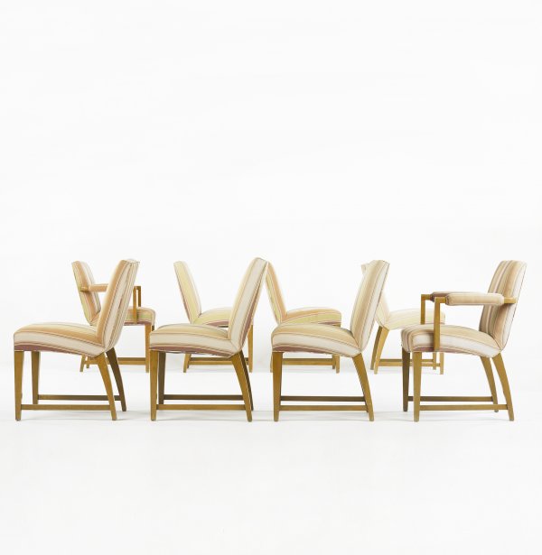 Gilbert Rohde dining chairs, set of eight: Gilbert Rohde dining chairs, set of eight Herman Miller USA, c. 1940 walnut, upholstery 20 w x 22 d x 32 h inches