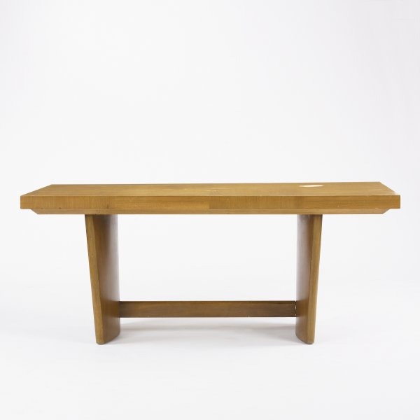 Gilbert Rohde dining table: Gilbert Rohde dining table Herman Miller USA, c. 1940 walnut 70 w x 34.5 d x 28.75 h inches Sold with two 16-inch leaves; table measures 102 inches when fully extended.Signed with paper manufacturer's