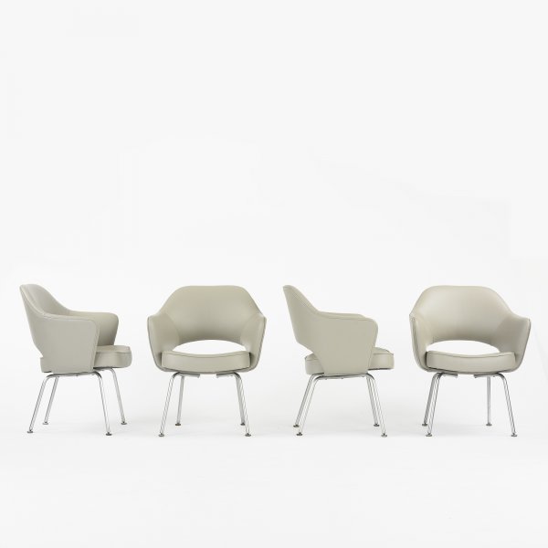 Eero Saarinen armchairs, set of four: Eero Saarinen armchairs, set of four Knoll International USA, 1948/c. 1970 leather, chrome-plated steel 25.5 w x 24 d x 31 h inches Signed with paper manufacturer's label to underside of each example:
