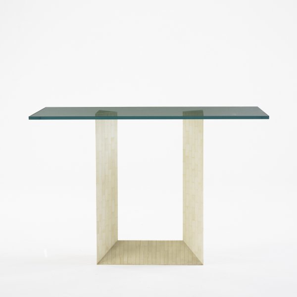 In the manner of Karl Springer console: In the manner of Karl Springer console USA, c. 1970 bone inlay, glass 42 w x 19.5 d x 28.4 h inches