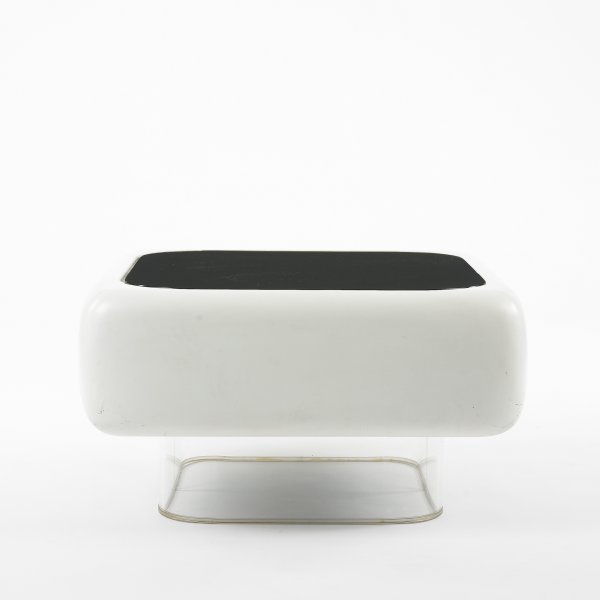 Steelcase coffee table: Steelcase coffee table Steelcase Furniture Company USA, c. 1975 enameled fiberglass, acrylic, mirrored glass 34 w x 34 d x 18 h inches Signed with decal manufacturer's label to underside: [Steelcase].