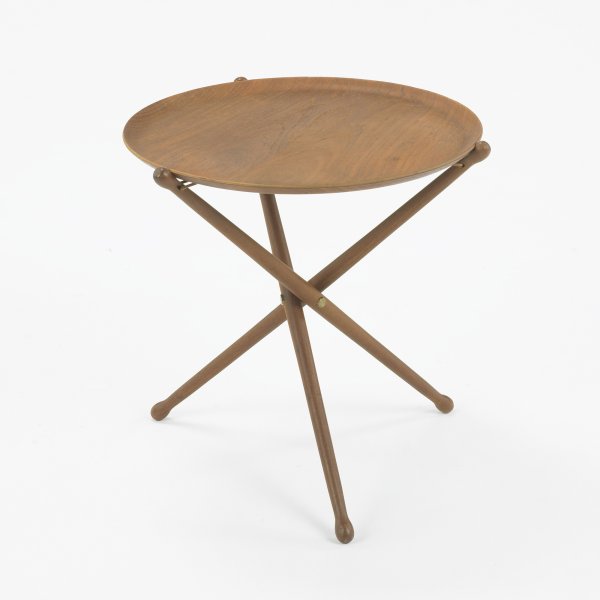 Swedish occasional table: Swedish occasional table c. 1965 teak, brass, leather 18 dia x 18 h inches Signed with branded marks to underside of tray: [Made In Sweden].