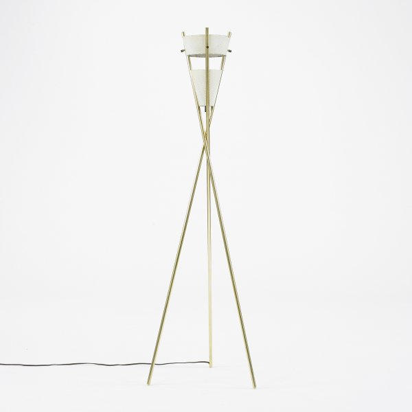 Gerald Thurston floor lamp: Gerald Thurston floor lamp USA, c. 1960 brass, enameled aluminum, linen 23 dia x 53 h inches
