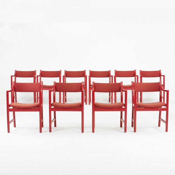 Hans Wegner dining chairs, set of ten: Hans Wegner dining chairs, set of ten Carl Hansen & Son Denmark, c. 1960 lacquered wood, upholstery 21.5 w x 20 d x 31.5 h inches Signed with decal manufacturer's label to underside: [Made In Denmark