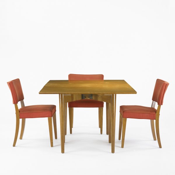 Russel Wright, attribution dining set: Russel Wright, attribution dining table with three chairs Conant-Ball USA, 1949 bleached mahogany, upholstery 65 w x 42 d x 29.5 h inches Table features two drop-leaves; table width measures 18 inches