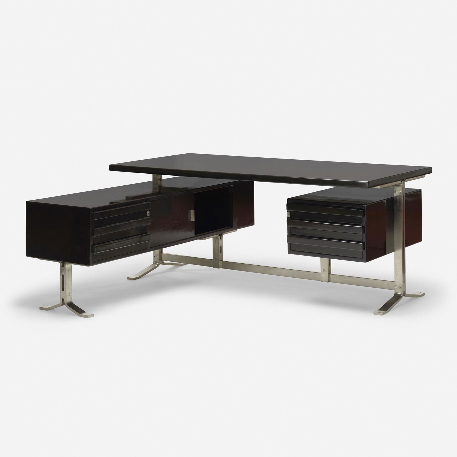 Gianni Moscatelli, Desk: Gianni Moscatelli Desk Forma NovaItaly, c. 1970lacquered mahogany, stainless steel71.75 w × 64 d × 30 h in (182 × 163 × 76 cm) Impressed manufacturer's mark to frame