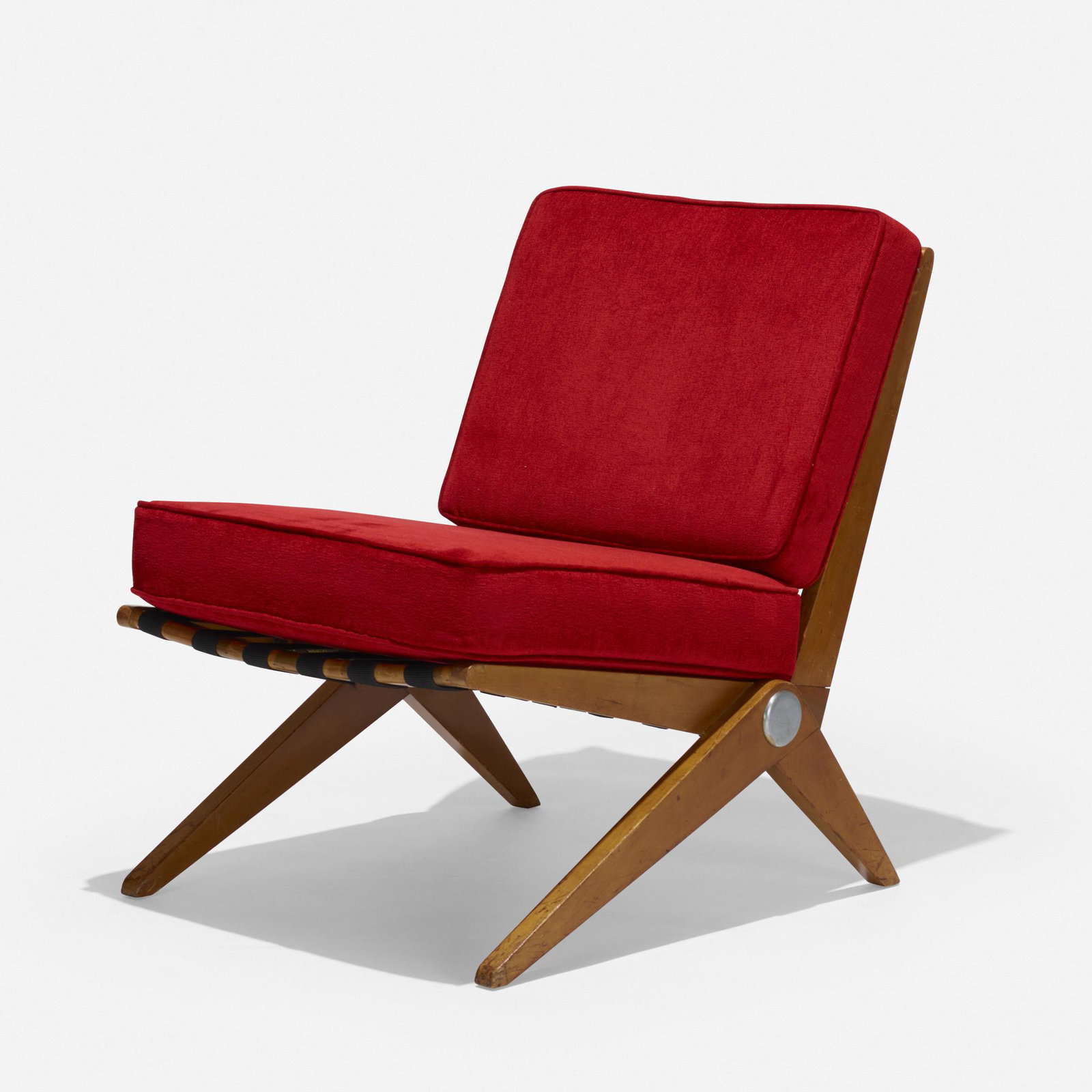 Pierre Jeanneret, Scissor chair, model 92: Pierre Jeanneret Scissor chair, model 92 Knoll Associates Switzerland / USA, 1948 / c. 1955 birch, upholstery, chrome-plated steel 23.25 w × 30.5 d × 28.5 h in (59 × 77 × 72 c