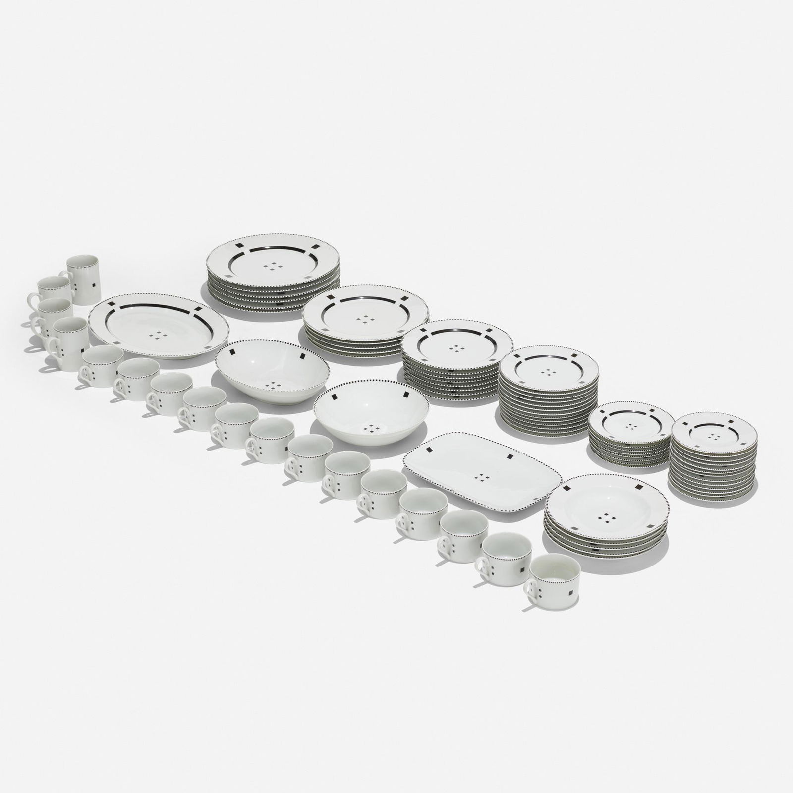 Gwathmey Siegel & Associates, Tuxedo tableware: Gwathmey Siegel & Associates Tuxedo tableware Swid PowellUSA, 1984glazed porcelain Set comprised of thirteen cups, thirteen saucers, eight large saucers, four mugs, four salad plates, eleven dinn