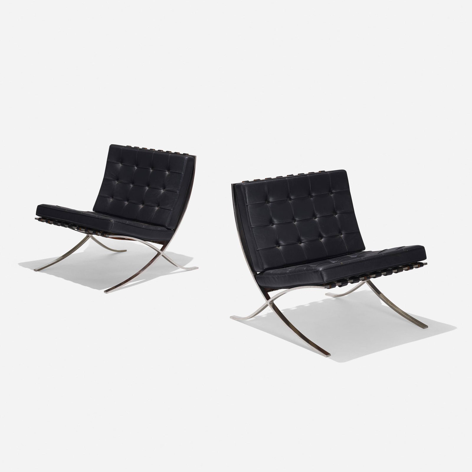 Ludwig Mies van der Rohe, Barcelona chairs, pair: Ludwig Mies van der Rohe Barcelona chairs, pair Knoll Associates Germany / USA, 1929 / c. 1965 stainless steel, leather 30 w × 31 d × 30 h in (76 × 79 × 76 cm)