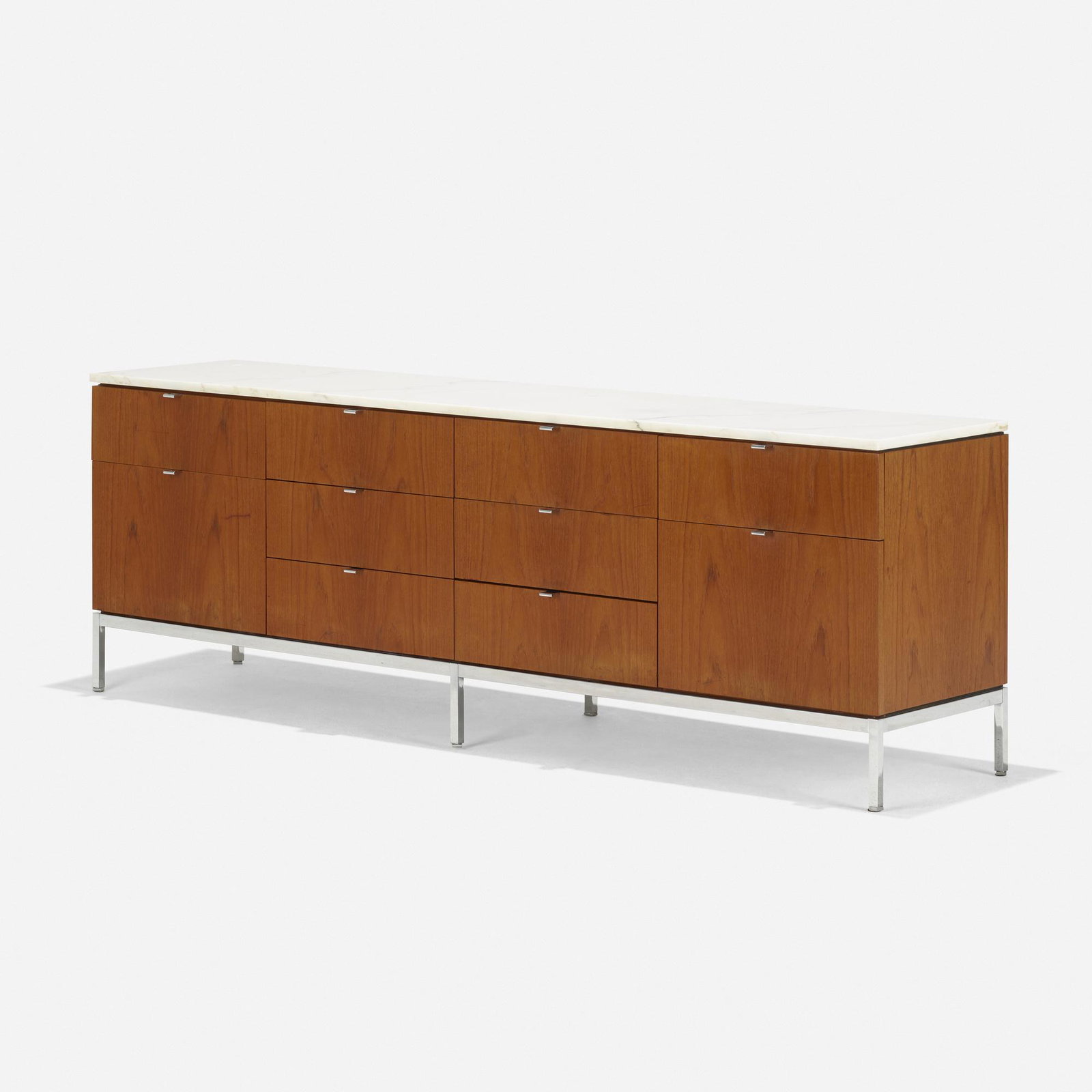 Florence Knoll, Executive Office cabinet: Florence Knoll Executive Office cabinet Knoll International USA, c. 1960 / c. 1968 teak veneer, marble, chrome-plated brass and steel 74.5 w × 19 d × 25.5 h in (189 × 48 × 65