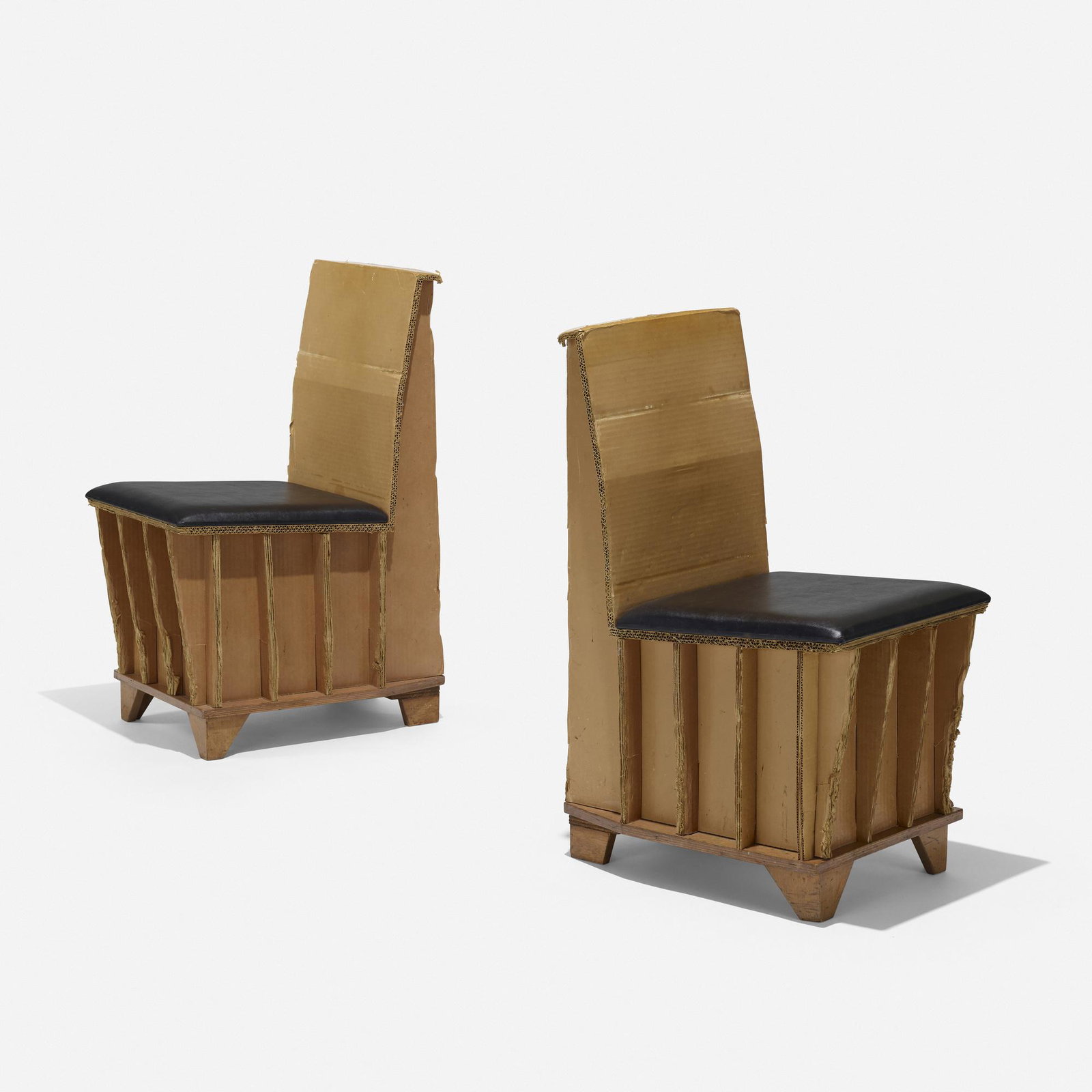 Frank Gehry, Dining chairs from R23, Los Angeles: Frank Gehry Dining chairs from R23, Los Angeles Canada/USA, c. 1991 cardboard, vinyl, plywood 16.5 w × 23 d × 34.24 h in (42 × 58 × 87 cm) Provenance: R23,