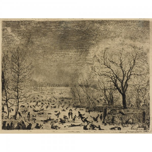 James Ensor Les Patineuers: James Ensor Les Patineuers Belgium, 1889 etching on paper 8 h x 10.25 w inches Signed and dated to lower right 'James Ensor 1889'. Signed and dated in the plate 'Ensor 1889'. Provenance: Alan Frumkin