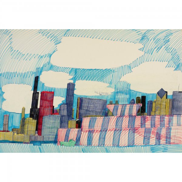 Wesley Willis The Buckingham Fountain: Wesley Willis The Buckingham Fountain USA, 1990 ballpoint pen and marker on artist's board 28 h x 41 w inches Signed, titled and dated to front 'Drawn By Wesley Willis 1990'.