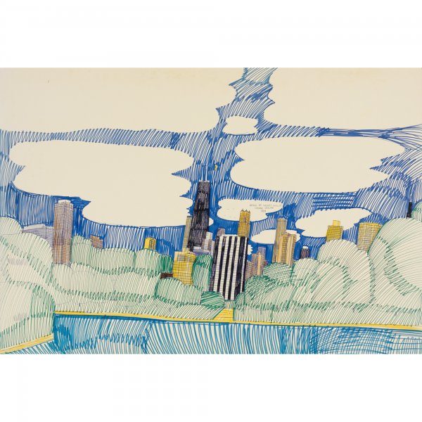 Wesley Willis Chicago Skyline: Wesley Willis Chicago Skyline USA, 1991 ballpoint pen and marker on artist's board 28 h x 41 w inches Signed titled and dated to front 'Drawn By Wesley Willis 1991'.