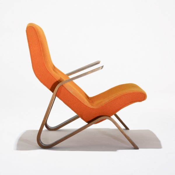 Eero Saarinen Grasshopper chair: Eero Saarinen Grasshopper chair Knoll Associates USA, 1946 upholstery, walnut plywood 27 w x 35 d x 35 h inches This example was special ordered with walnut veneer.