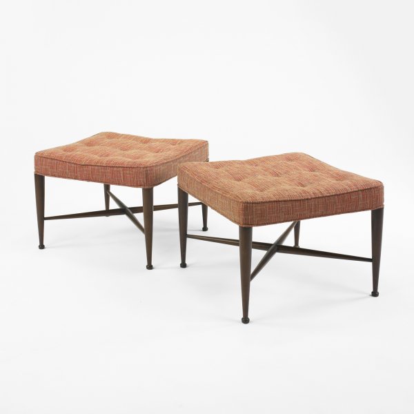 Edward Wormley stools model 5002, pair: Edward Wormley stools model 5002, pair Dunbar USA , c. 1957 mahogany, upholstery 22 w x 22 d x 16.5 h inches Signed with applied gold rectangular manufacturer's label to underside of each example: [Du