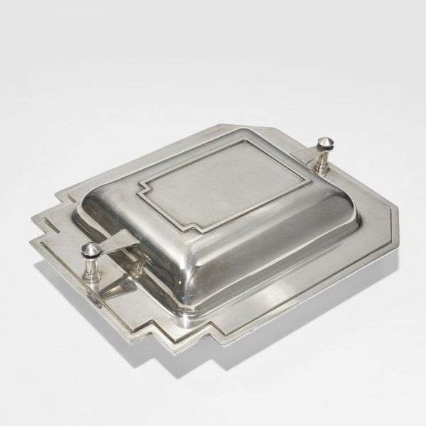 Bernard Rice Skyscraper tureen, model 5251: Bernard Rice Skyscraper tureen, model 5251 Apollo Studios USA, c. 1930 silver plate 11.75 w x 9.5 d x 3 h inches Signed with impressed manufacturer's mark to underside: [Skyscraper Des. Pat. Pending A