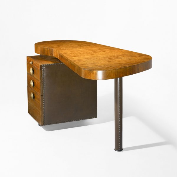 Gilbert Rohde Paldao Group desk, model 4106: Gilbert Rohde Paldao Group desk, model 4106 Herman Miller USA, c. 1940 paldao, vinyl, brass 52 w x 32 d x 29.5 h inches Desk features two drawers to desk top, one pull-out writing surface and three dr