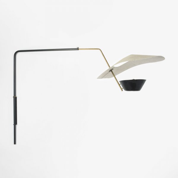 Pierre Guariche wall-mounted lamp: Pierre Guariche wall-mounted lamp Disderot France, c. 1953 perforated and enameled steel, brass 15 w x 57.5 d x 33 h inches Literature: Les Décorateurs des Années 50, Favardin, pg. 166