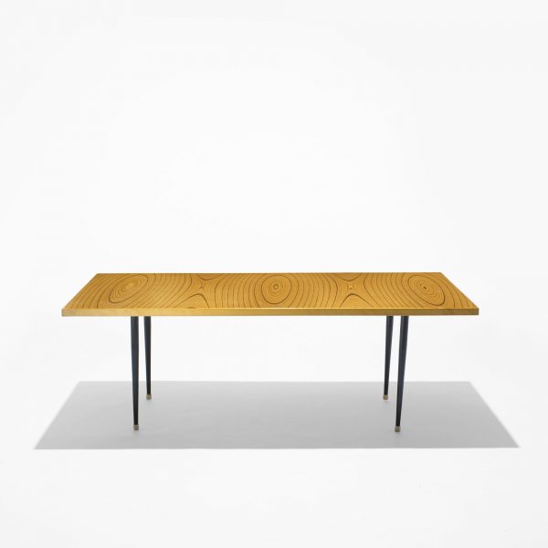 Tapio Wirkkala coffee table: Tapio Wirkkala coffee table Asko Finland, 1958 laminated birch and teak, enameled steel, rubber 49 w x 24.5 d x 17.25 h inches Signed with branded manufacturer's mark to underside: [Tapio Wirkkala Ask