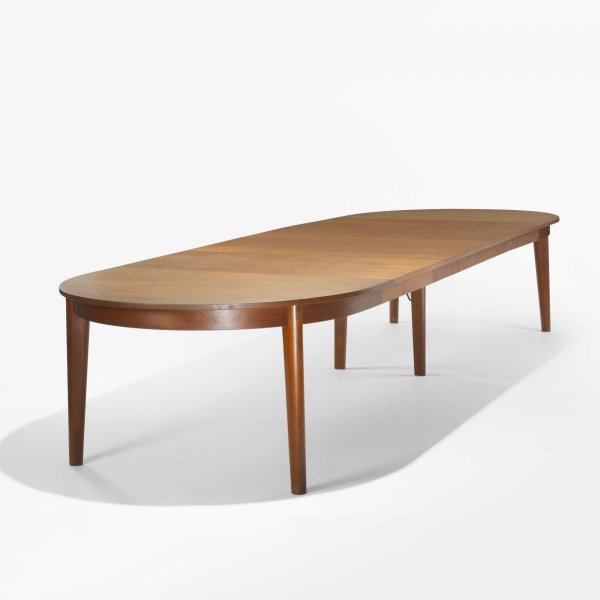 Borge Mogensen dining table: Borge Mogensen dining table Karl Andersson & Soner Denmark, 1959 teak, bronze 67 w x 51 d x 28.5 h inches Signed with vendor's paper label to the underside: [Illums Bolinghus]. Sold with four 23.5-inc