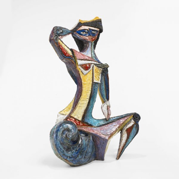 Marcello Fantoni monumental figure: Marcello Fantoni monumental figure Italy, c. 1960 hand-built and glazed earthenware 19 w x 8 d x 29 h inches Glazed signature to underside: [Fantoni Italy For Raymor].