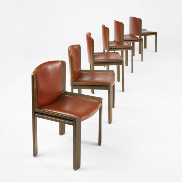 Joe Colombo Modello 300 dining chairs, set of six: Joe Colombo Modello 300 dining chairs, set of six Pozzi Italy, 1965 walnut, vinyl, enameled steel 19.25 w x 20 d x 30.75 h inches Literature: I Colombo: Joe Colombo 1930-1971, Gianni Colombo 1937-1993