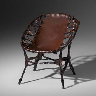 Sido and Francois Thevenin, Sling chair: Sido and Francois Thevenin Sling chair Sawaya & MoroniFrance, 1989wrought iron, leather, brass21.25 w × 22.5 d × 25 h in (54 × 57 × 63 cm) Branded signature to rever