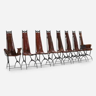 Sido and Francois Thevenin, Dining chairs, set of eight: Sido and Francois Thevenin Dining chairs, set of eight Sawaya & Moroni France, c. 1990 wrought iron, enameled steel, leather, brass 22 w × 20 d × 49.5 h in (56 × 51 × 126 cm)