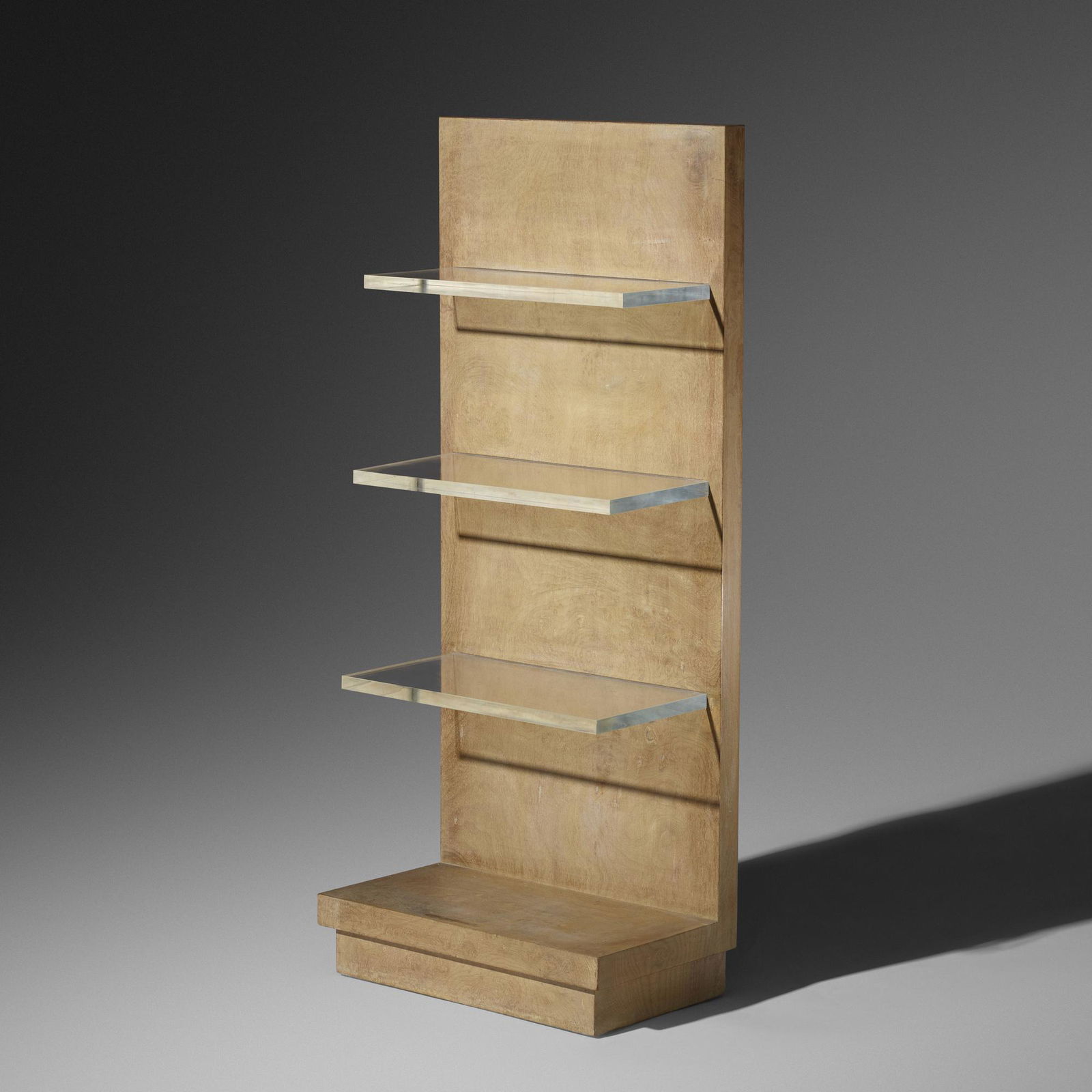 Samuel Marx, Bookshelf: Samuel Marx Bookshelf for the Plotkin-Dresner Residence, Highland Park QuigleyUSA, c. 1945white ash burl, Lucite20 w × 12 d × 46.75 h in (51 × 30 × 119 cm) Impressed