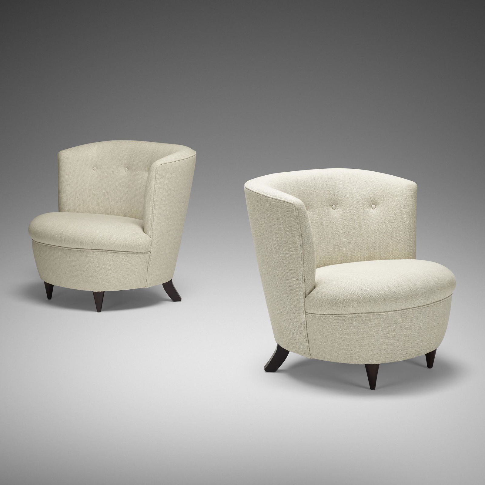 In the manner of Gilbert Rohde, Lounge chairs, pair: In the manner of Gilbert Rohde Lounge chairs, pair USA, c. 1940upholstery, lacquered wood31.5 w × 28 d × 28 h in (80 × 71 × 71 cm) This work will ship from Wr