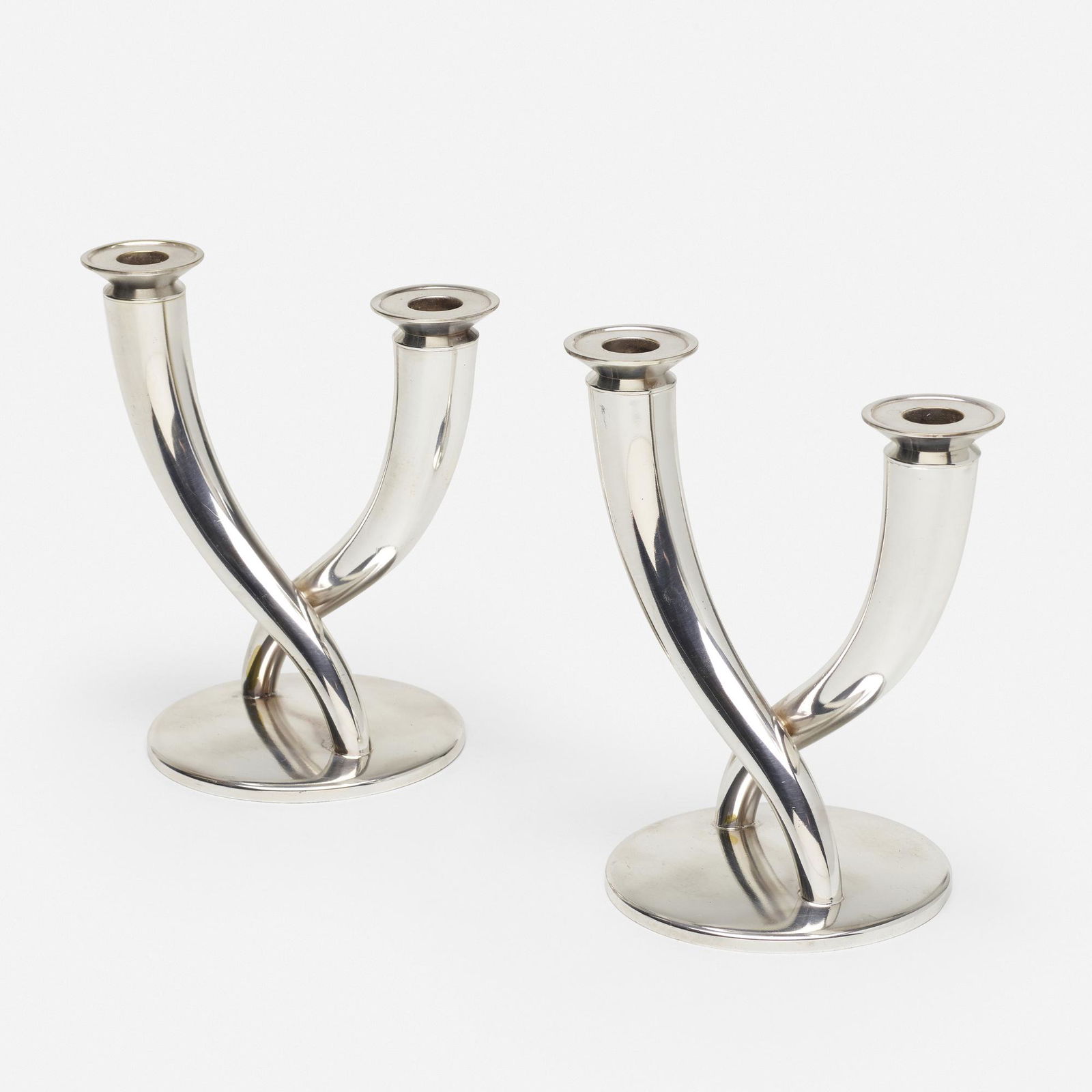 Gio Ponti, Candelabra, pair: Gio Ponti Candelabra, pair ChristofleItaly / France, c. 1935 / c. 1980silver-plated brass7.75 w × 5.25 d × 8 h in (20 × 13 × 20 cm) Impressed touchmarks and manufact