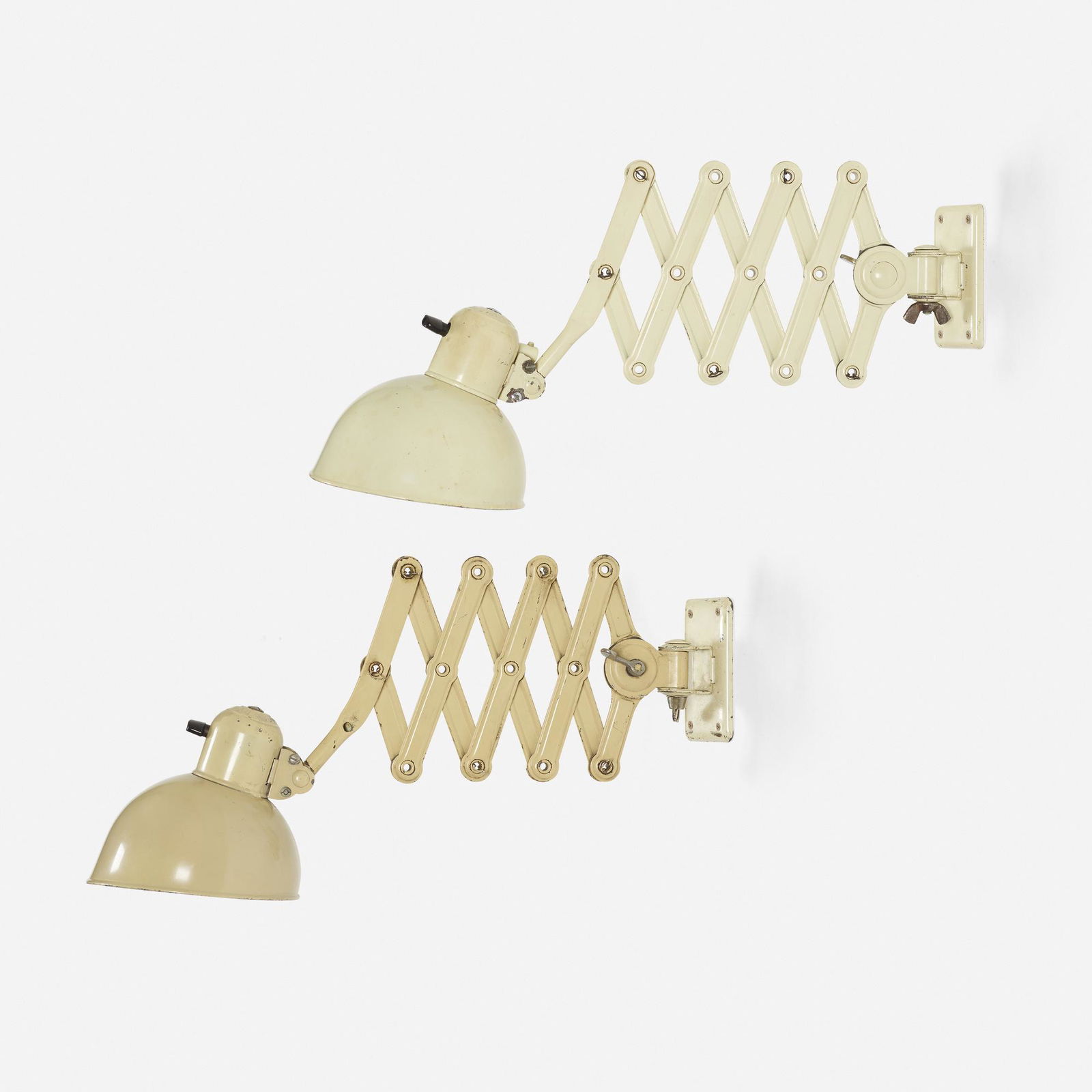 Christian Dell, Scissor wall lamps, pair: Christian Dell Scissor wall lamps, pair Kaiser IdellGermany, c. 1935enameled steel, chrome-plated steel6.25 w × 36 d × 6.25 h in (16 × 91 × 16 cm) Embossed manufactu
