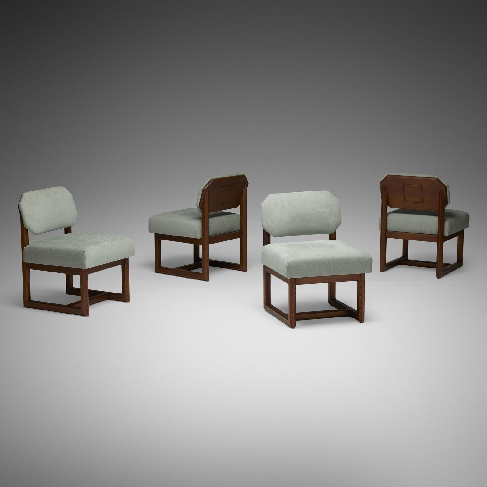 Frank Lloyd Wright, Taliesin dining chairs, set of four: Frank Lloyd Wright Taliesin dining chairs model 2001, set of four Heritage HenredonUSA, 1955mahogany, upholstery20 w × 21 d × 28.25 h in (51 × 53 × 72 cm)