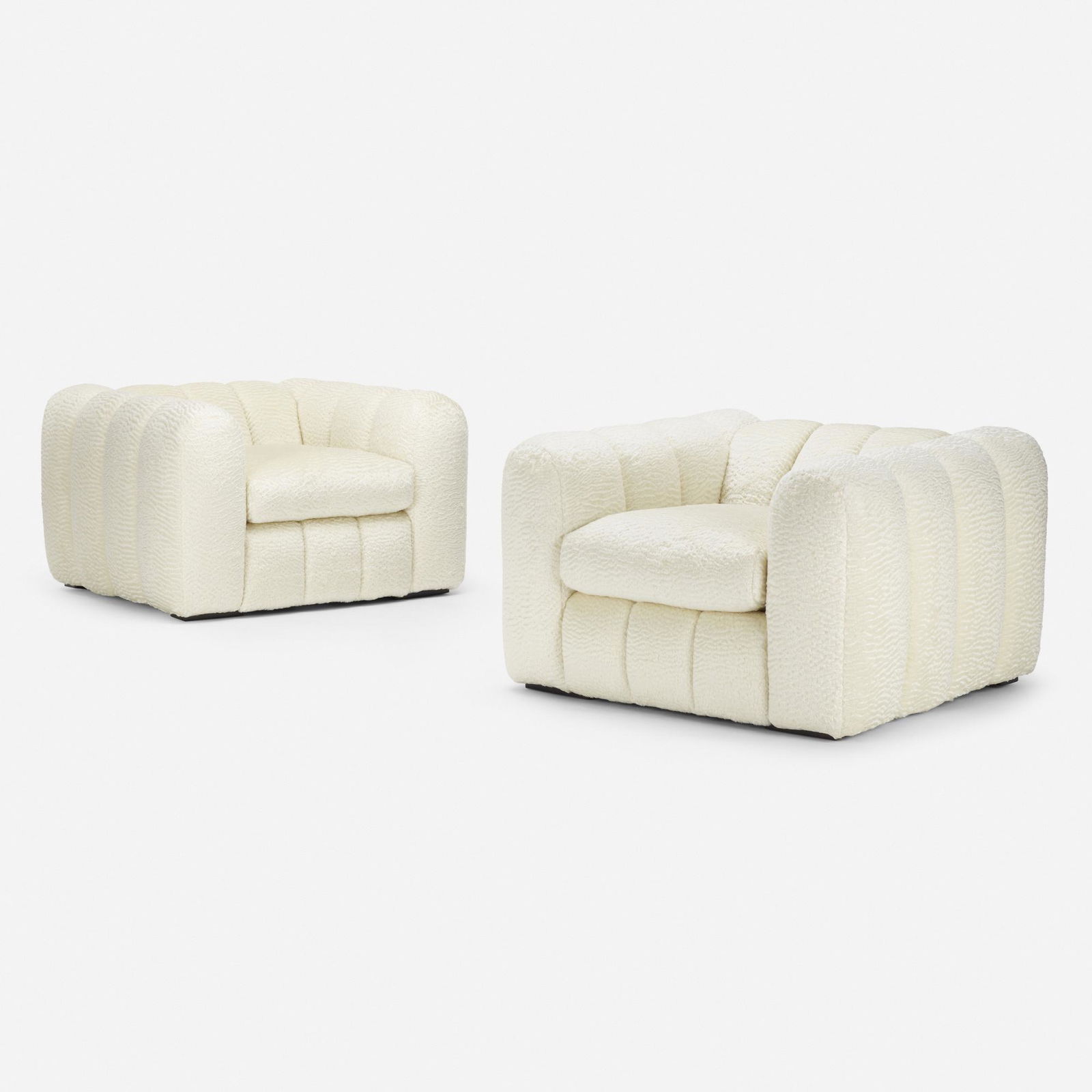 Jay Spectre, Lounge chairs, pair: Jay Spectre Lounge chairs, pair Century FurnitureUSA, c. 1975upholstery, lacquered wood41 w × 37.5 d × 25 h in (104 × 95 × 63 cm) Cloth manufacturer's label to under
