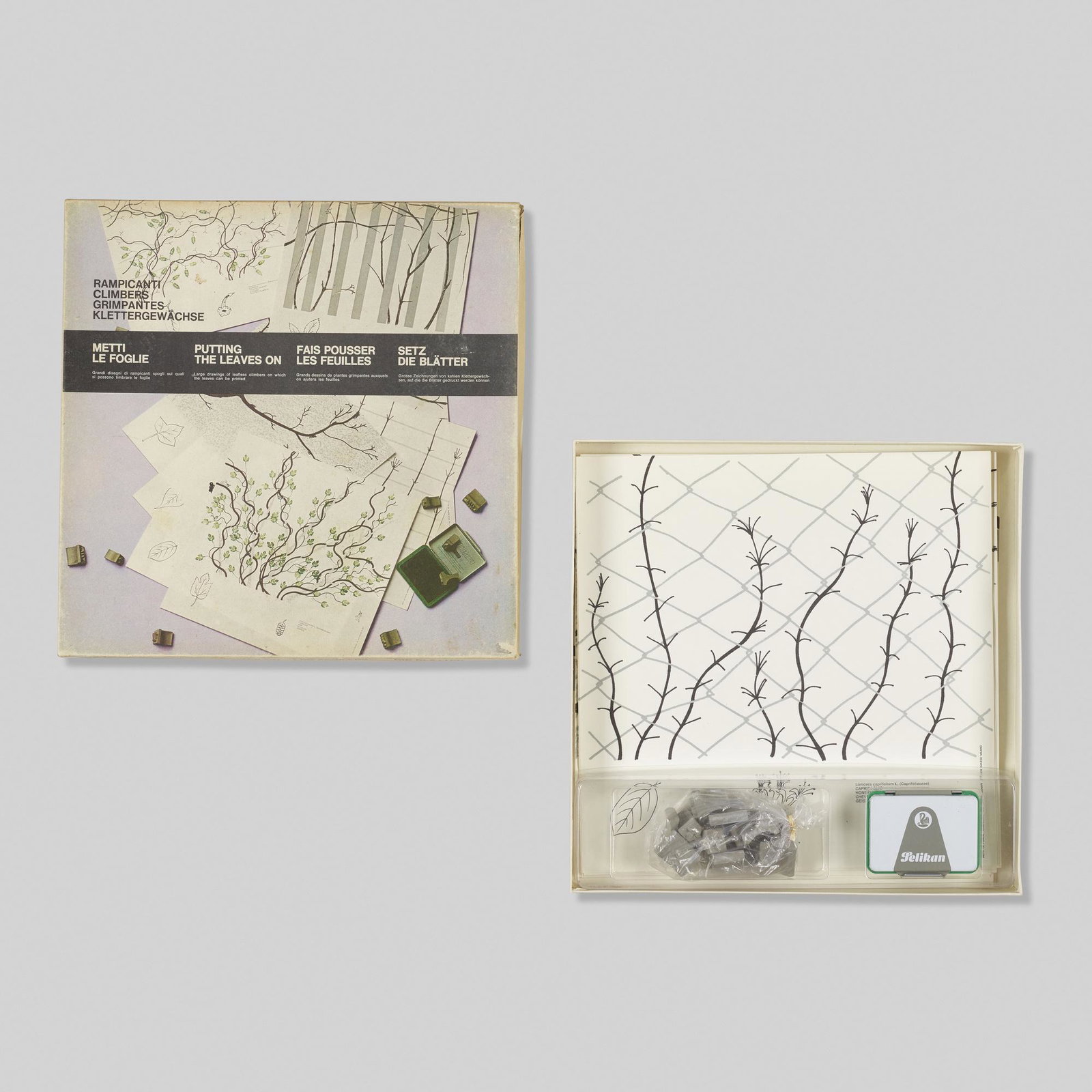 Bruno Munari, Metti le Foglie-Rampicanti game: Bruno Munari Metti le Foglie-Rampicanti game, model 2056A Danese Italy, 1975 offset lithograph, printed paper, rubber stamps, metal container w/ ink pad 13 h × 13 w × 1.5 d in (33 ×