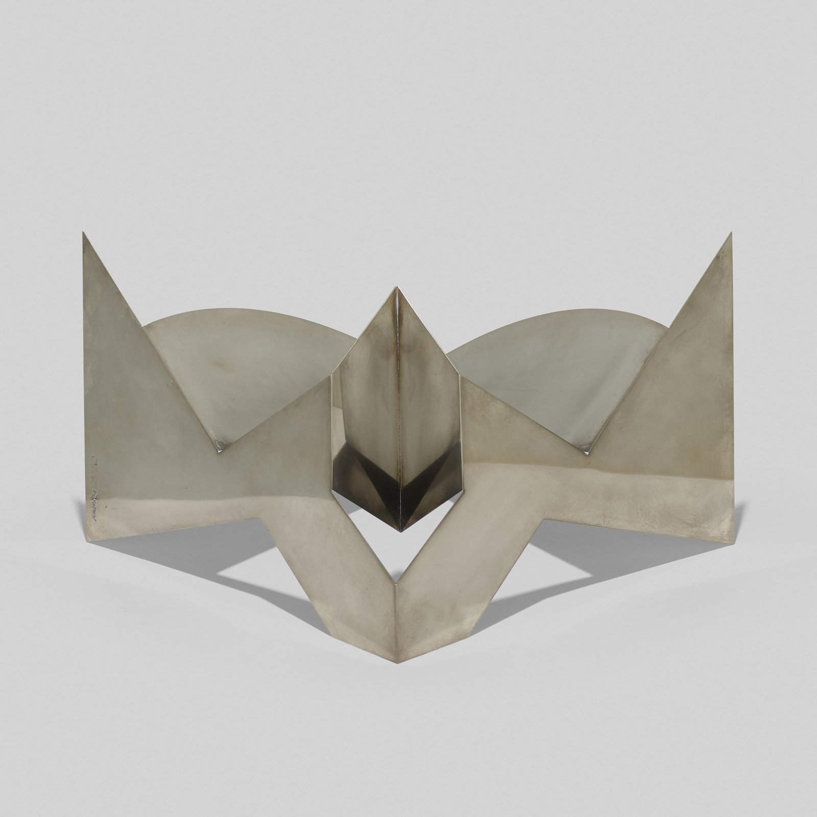 Bruno Munari, Untitled (Sculpture): Bruno Munari Untitled (Sculpture) Danese Italy, 1958 stainless steel 7.25 h × 14.25 w × 10 d in (18 × 36 × 25 cm) Incised signature and number to one edge 'Munari 32/40
