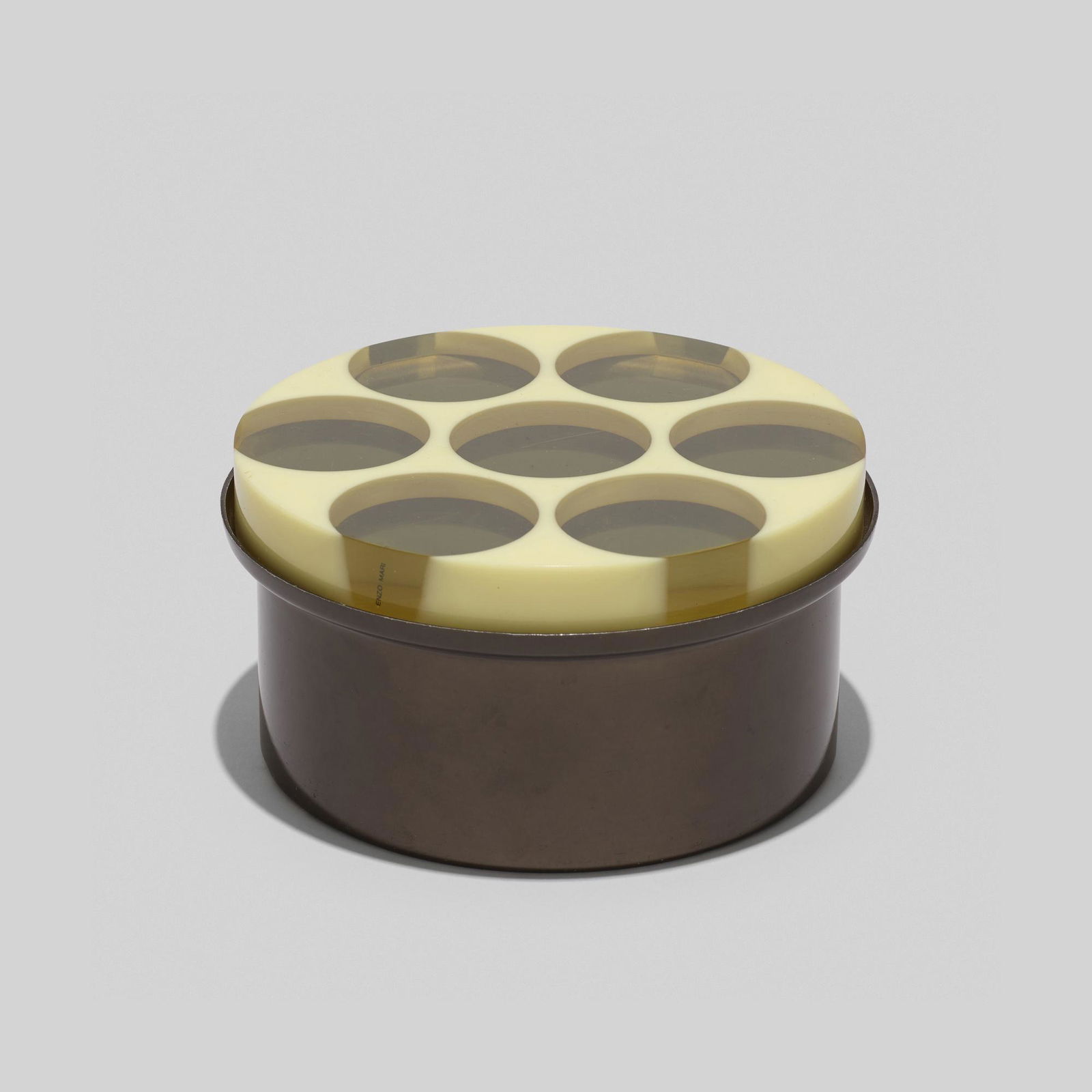 Enzo Mari, Box, model 3065: Enzo Mari Box, model 3065 DaneseItaly, 1959-63resin, anodized aluminum3 h × 5.75 dia in (8 × 15 cm) Impressed manufacturer's mark to underside 'Danese Milano Dis Enzo Mari Made