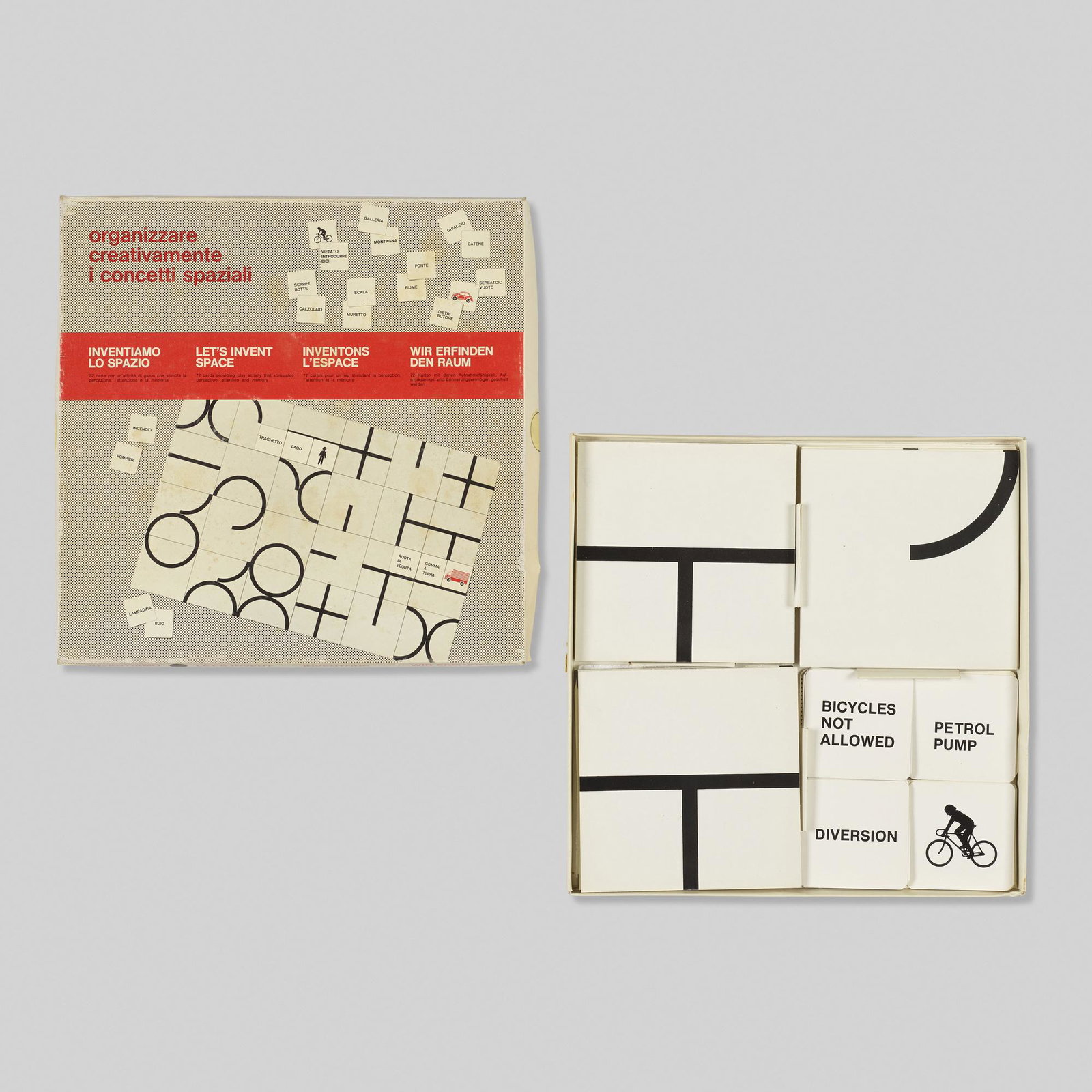 Claudio Boselli, Inventiamo Lo Spazio game, model 5003A: Claudio Boselli Inventiamo Lo Spazio game, model 5003A Danese Italy, 1975 offset lithograph on cards 1 h × 12.5 w × 12.5 d in (3 × 32 × 32 cm) Inventiamo Lo Spazio</