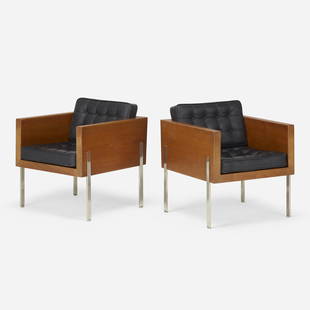 Harvey Probber, Cube club chairs, pair: Harvey Probber Cube club chairs model 248 from the Architectural series, pair Harvey Probber, Inc. USA, c. 1960 mahogany, chrome-plated steel, leather 25.75 w × 26.75 d × 29.75 h in (65