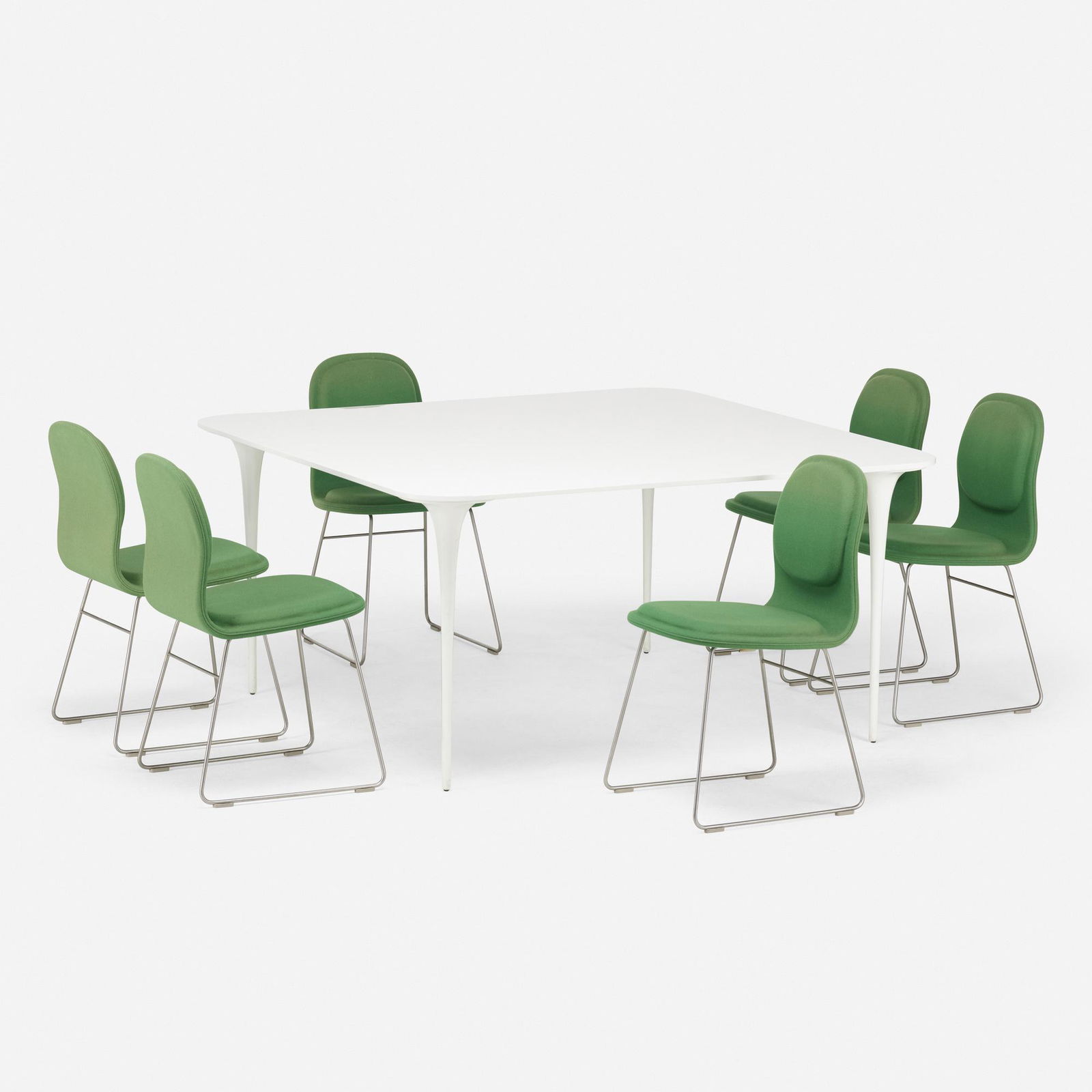 Jasper Morrison, High Pad chairs: Jasper Morrison High Pad chairs, set of six CappelliniUnited Kingdom / Italy, 1999upholstery, stainless steel, plastic, lacquered wood, lacquered metalChairs measure: 17 w x 19 d x 32 h inches