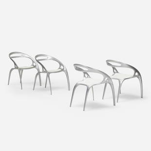 Ross Lovegrove, GO chairs, set of four: Ross Lovegrove GO chairs, set of four Bernhardt United Kingdom, 1998 powder-coated aluminum, plastic 22.5 w × 26.5 d × 30.5 h in (57 × 67 × 77 cm) Signed with decal