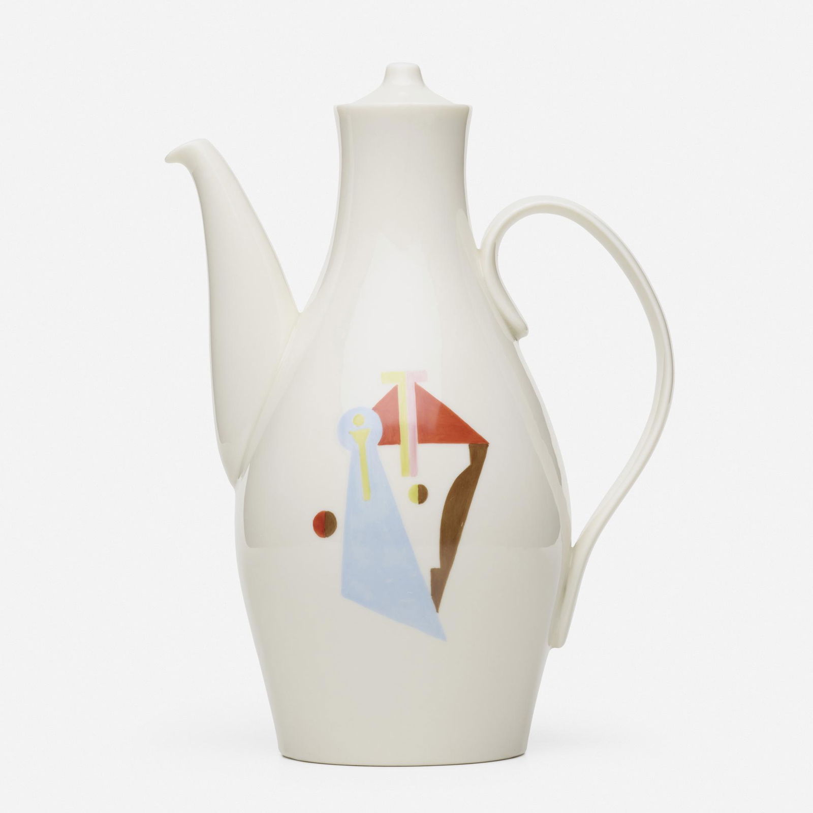 Eva Zeisel, Museum coffee pot: Eva Zeisel Museum coffee pot Castleton ChinaHungary, 1942-45glazed porcelain with hand-painting7 w × 5 d × 10 h in (18 × 13 × 25 cm) This example was created for a S