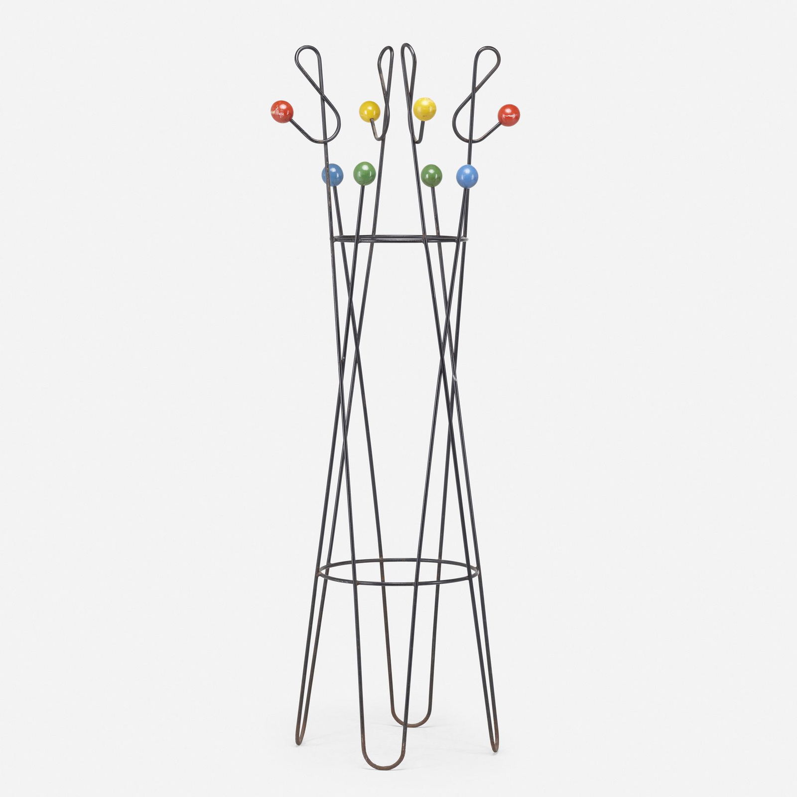 Roger Feraud, Cle de sol coat rack: Roger Feraud Cle de sol coat rack France, c. 1955enameled steel and wood24.5 dia × 70.5 h in (62 × 179 cm) This work will ship from Rago in Lambertville, New Jersey.