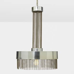 Pierre Cardin, Hanging lamp: Pierre Cardin Hanging lamp France, c. 1970aluminum, chrome-plated steel, steel, zinc-plated steel19.75 dia × 29.5 h in (50 × 75 cm) Applied decal manufacturer's label to shade 'Pierre